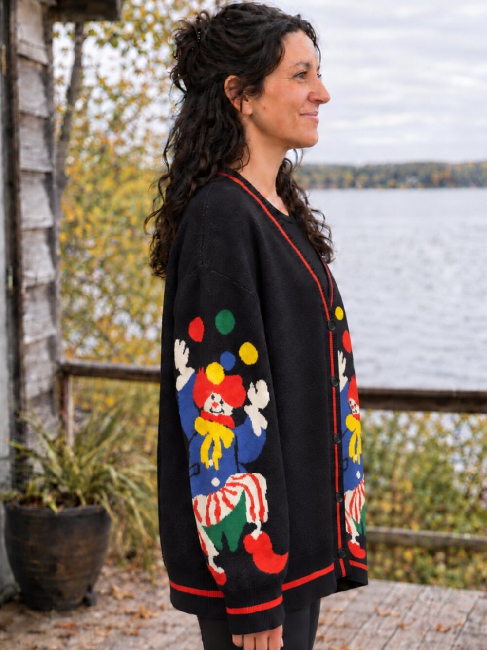 Clown Cardigan Sweater Size L Black Circus Novelty Oversized Retro Clowncore Art - Picture 2 of 14